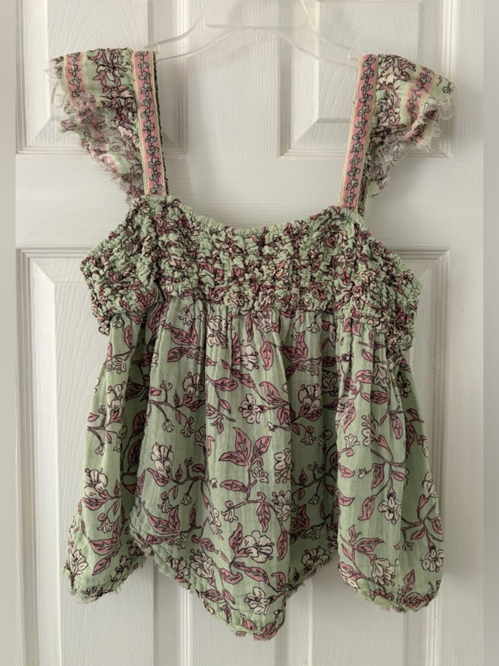 Free People Mint Green Floral Smocked Tank with Dusty Pink Print